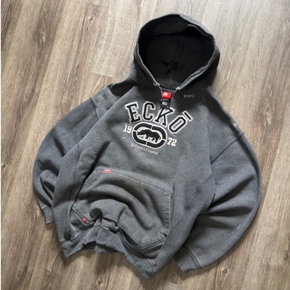 Vintage Y2K Ecko Unltd XL Grey Embroidered Rhino Sweatshirt Distressed Faded